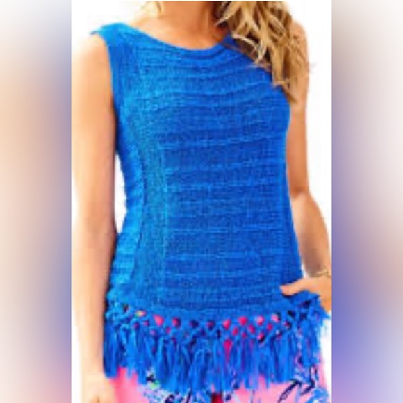 EUC worn once! Lilly Pulitzer Luca Fringe Sleeveless Sweater Tank Top-Lapis Blue - Picture 9 of 9